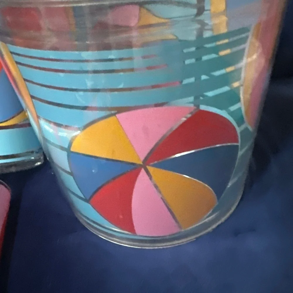 Vintage Acrylic Beach Ball Ice Bucket and 4 Tumbler Glass Set Retro Barware Blue